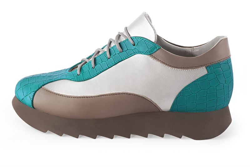 Turquoise blue, light silver and bronze beige women's three-tone elegant sneakers. Round toe. Low rubber soles. Profile view - Florence KOOIJMAN